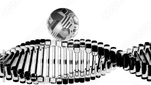 Seamless black and white 4K 3D animation of a soccer ball with international flags rotating on a DNA strand. Royalty-free video for commercial use. Monochrome style highlighting the fusion of science,