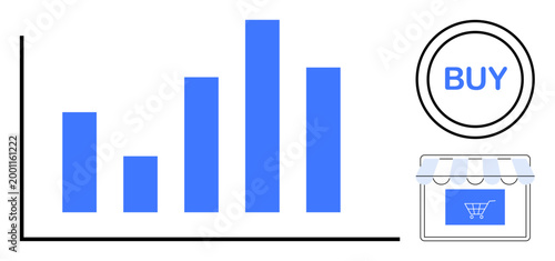 Business performance, online sales, marketing strategies, data analysis, retail growth, profitability. Blue bar chart, buy icon e-commerce storefront symbol. Business performance and online sales