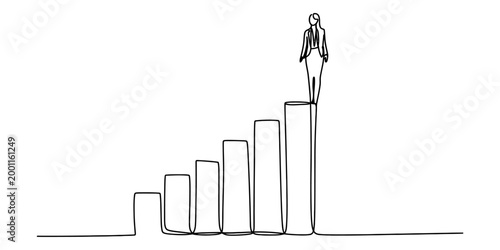 Businesswoman standing on top of rising bar graph, one line drawing