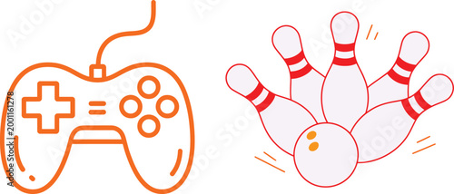 Vibrant orange gaming controller and colorful bowling pins with a ball in a playful flat line style for entertainment and leisure activity concepts