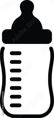 Baby feeding bottle icon with measurement marks and nipple symbol for newborn care and nursery vector.
