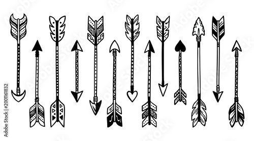 Set of decorative hand drawn arrows featuring unique tribal patterns and artistic designs created in a clean vector graphic style