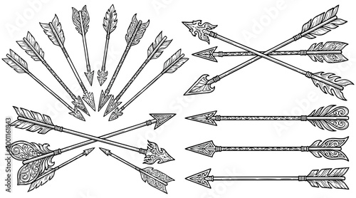 A collection of intricately designed arrow vector illustrations with decorative feather fletching and ornate arrowheads for various uses