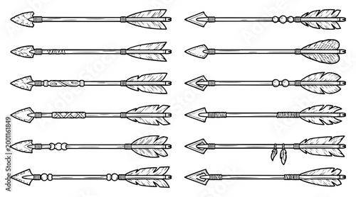 Collection of tribal and ornate arrow vector illustrations showcasing primitive hunting weapon designs