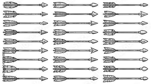 Collection of hand drawn vintage arrows vector illustration featuring various styles of feathered shafts and different pointed arrowhead designs isolated