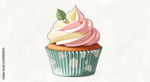 Delicious cupcake with colorful frosting and a green leaf on top perfect dessert.