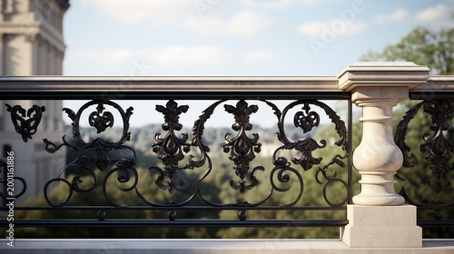A photo of an elegant stone balcony railing