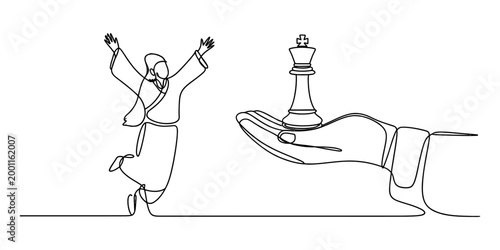 Joyful person jumping with arms up next to chess king piece on a hand, single line art