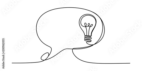 Single line drawing of a light bulb inside a speech bubble, representing an idea or thought