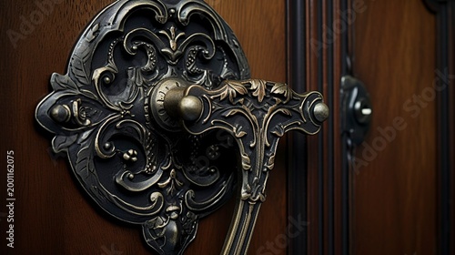 A photo of an intricate wrought iron door handle