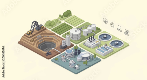 Isometric illustration of industrial and agricultural processes.