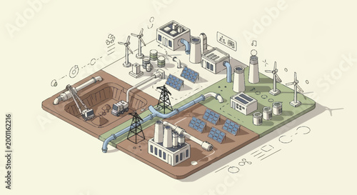 Isometric illustration of sustainable energy and industrial development.