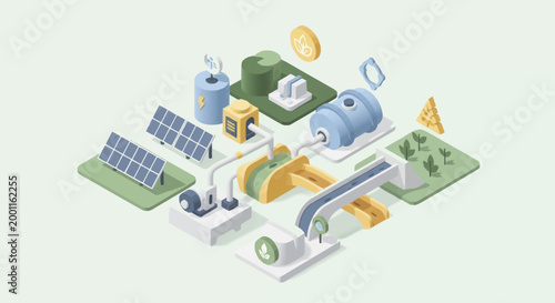 Isometric illustration of sustainable energy and recycling processes.
