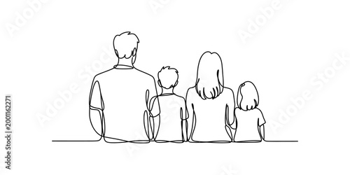 Family sitting together, back view, single line drawing Vector, illustration