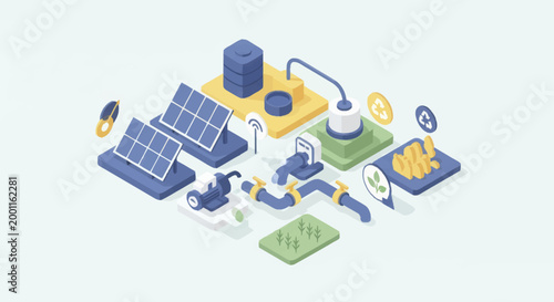 Isometric illustration of sustainable energy production and resource management.