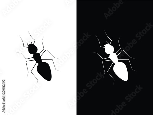 Ant icon, Silhouette icon of Ant. Ant logo, ant icon, ant art, vector. Ant in simple minimal animal form vector silhouette on white and black background.