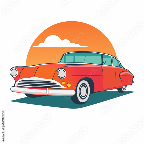 Retro Red Car Illustration with Sunset Background