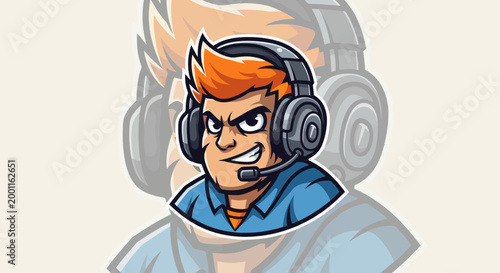 Cartoon illustration of an angry male gamer wearing a headset with a microphone, perfect for an esports logo or avatar.