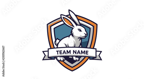A dynamic e-sports team logo featuring a white rabbit mascot within a shield emblem, with an orange and blue border and a banner for 'TEAM NAME' below.