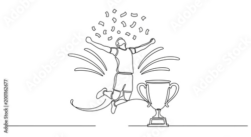 Fotografija Winner jumping with trophy and confetti, continuous line art