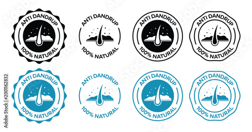 Anti-Dandruff and 100% Natural Hair Care Label Set with Scalp and Hair Follicle Icons in Minimalist Vector Style