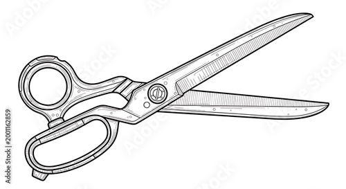 Detailed illustration of open scissors showcasing sharp blades and ergonomic handles ready for cutting.