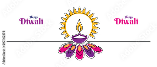 Happy Diwali greeting with traditional diya lamp and lotus flower. Festival design featuring hand drawn oil candle, decorative elements, and festive Indian patterns. Doodle Vector illustration