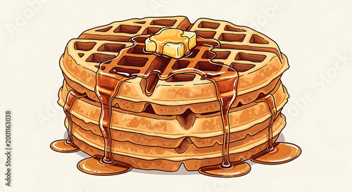 Delicious stack of golden waffles with syrup and butter a breakfast delight.