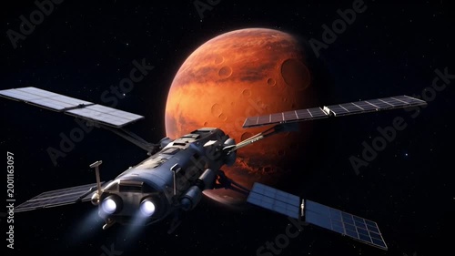 Futuristic Spacecraft Navigates Through the Vastness of Space Towards the Red Planet Mars, Depicting Advanced Space Exploration