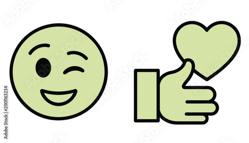 Pale green emoji face winking and a hand gesture holding a heart shape representing positive feedback and social media interaction in a minimalist flat style