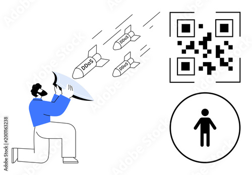 Cybersecurity, data protection, online threats, DDoS attacks, QR code vulnerabilities, network safety. A person defending against missiles labeled DDoS and a QR code symbol. Cybersecurity and online