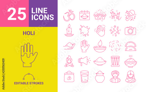 25 Holi line icons set editable strokes vector