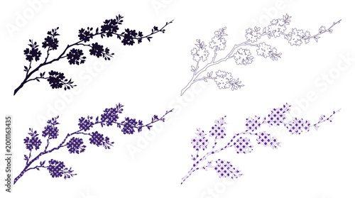 Canvas-taulu Japanese cherry blossom branch vector set, blooming sakura floral silhouettes, b