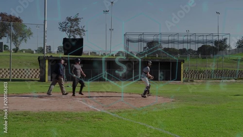 Baseball pitch arriving, batter sliding to plate while catcher tagging to score, hex S overlaying