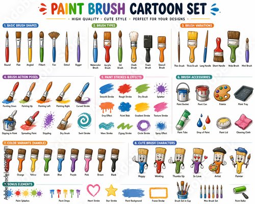 Creative Paint Brush Cartoon Set for Artistic Designs and Illustrations