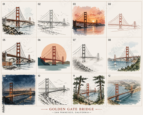 Golden Gate Bridge Iconic Landmark Collection Illustration Series