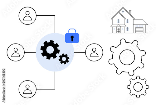 Cybersecurity, remote work, workflow automation, smart home systems, data protection, technological integration. Gears connected to people icons and a lock. Cybersecurity and workflow automation