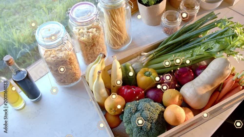 Hex lights appearing, camera panning right and down, crate staying, revealing full produce view