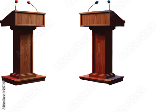 Wooden Podium with Microphones Set in Flat Style, Political Speech and Conference Tribune Vector Illustration