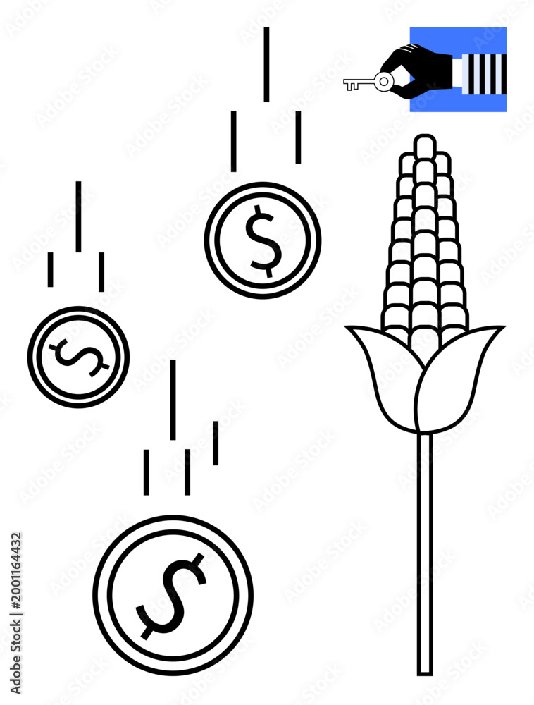 Fototapeta premium Agriculture funding, economic growth, financial investment, farming resources, agribusiness, sustainability. Coins raining near corn and hand holding key. Agriculture funding and economic growth