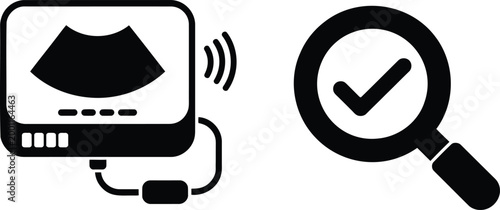 Black and white medical ultrasound scanner with a magnifying glass and checkmark symbol representing clinical diagnostic verification and health screening