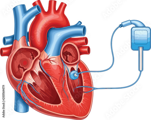 Human Heart Anatomy with Pacemaker Device, Detailed Medical Illustration of Cardiac Structure and Implantable Electronic System Vector