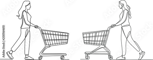 Continuous line of two women pushing shopping carts in opposite directions representing consumerism retail shopping and daily grocery store activities