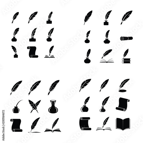 classic feather pen writing tools icons with ink pot scroll paper and book illustration set