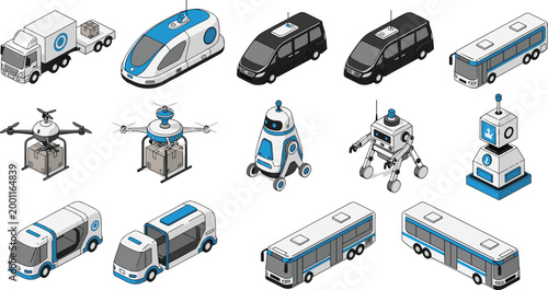 Autonomous Delivery Vehicles and Robots Isometric Set, Collection of Self Driving Trucks, Vans, Buses, Drones and Service Robots Vector Illustration