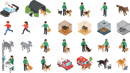 Animal Control and Rescue Service Set in Flat Style, Collection of Dog Catchers, Shelter, Veterinary Care, Rescue Vehicles and Pet Handling Vector Illustration