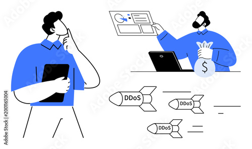 Cybersecurity, DDoS attacks, data analysis, online protection, financial security, IT consulting. Man analyzing data, expert presenting findings DDoS threats as missiles. Cybersecurity and online