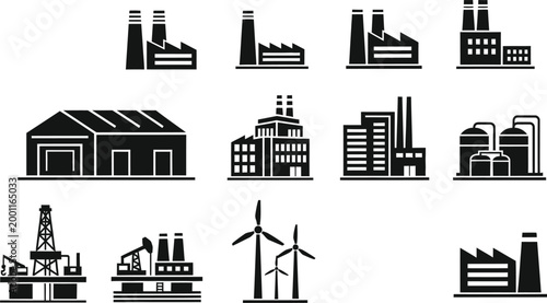 Industrial facilities and energy icons set Vector