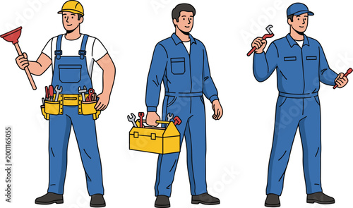 Construction Workers Set with Tools in Flat Style, Collection of Builders, Technicians and Repairmen Holding Toolbox, Wrench and Equipment Vector Illustration