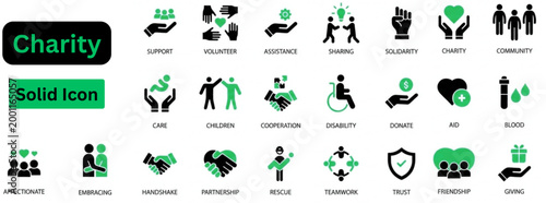 Solid vector of Charity icon set. Charity solid icon set. Charity and humanitarian aid icon set, solid vector symbols for non-profit organizations, social welfare and community support graphics